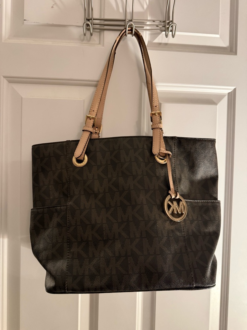 Michael Kors Dark Brown MK Logo Tote with Tan Straps
